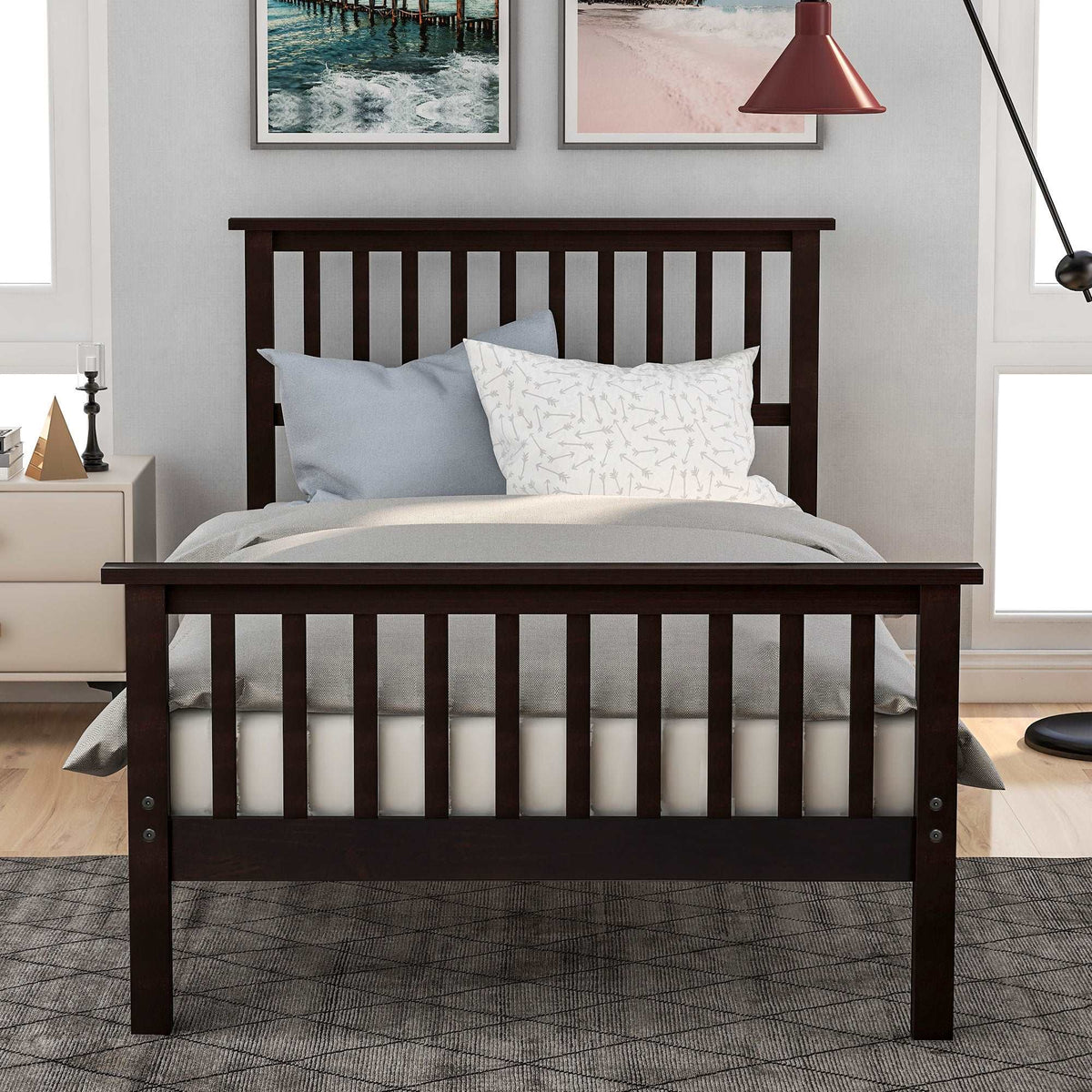 Bellemave® Twin Size Wood Platform Bed with Headboard and Footboard - Bellemave