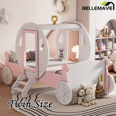 Bellemave® Twin size Wood Platform Car Bed with Stair,Princess Carriage Bed with Crown - Bellemave
