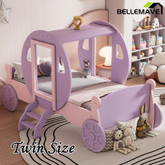 Bellemave® Twin size Wood Platform Car Bed with Stair,Princess Carriage Bed with Crown - Bellemave