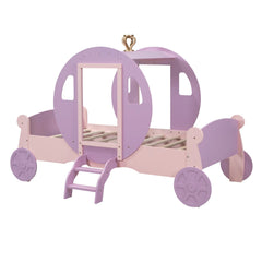 Bellemave® Twin size Wood Platform Car Bed with Stair,Princess Carriage Bed with Crown - Bellemave