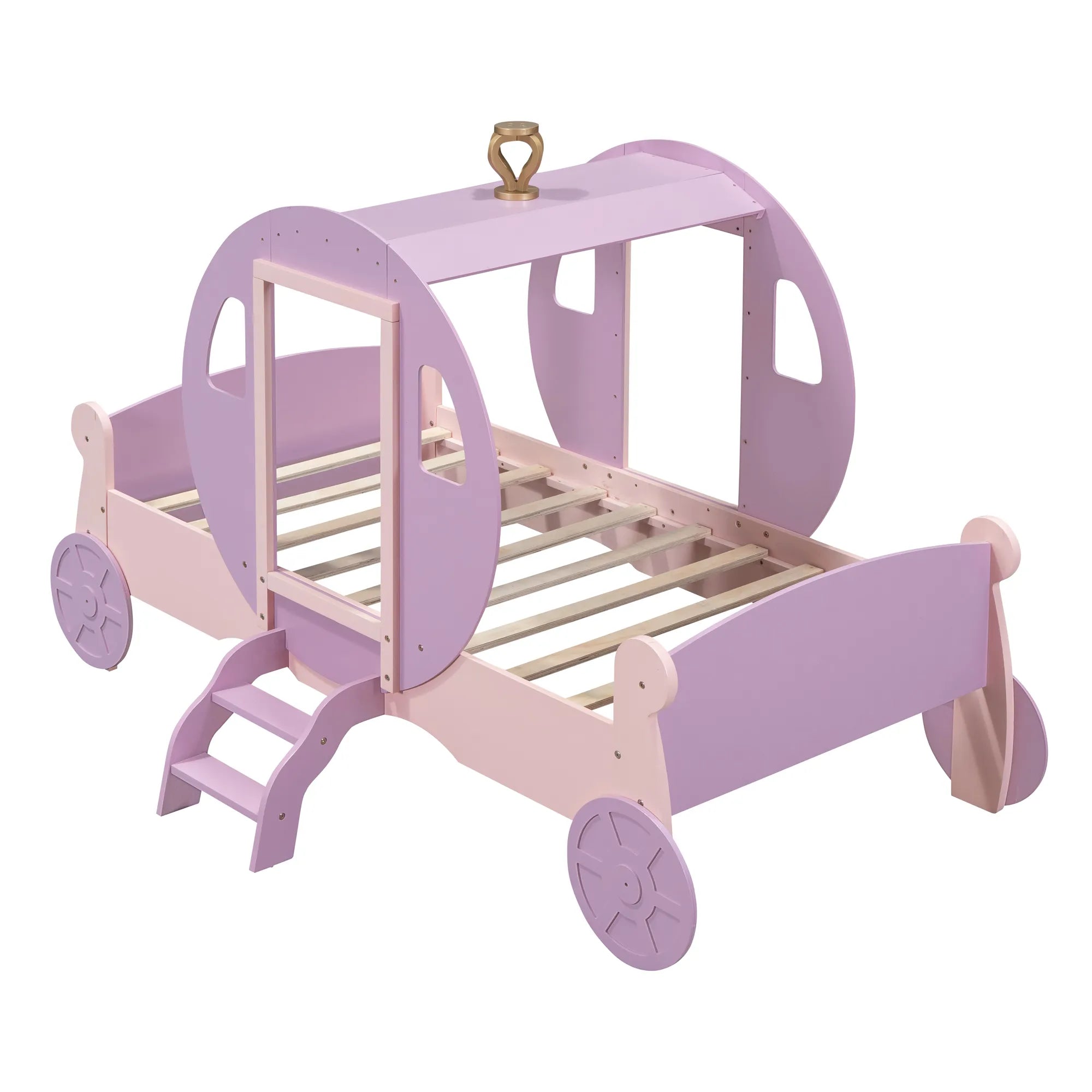 Bellemave® Twin size Wood Platform Car Bed with Stair,Princess Carriage Bed with Crown - Bellemave