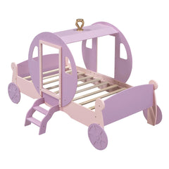 Bellemave® Twin size Wood Platform Car Bed with Stair,Princess Carriage Bed with Crown - Bellemave