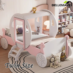 Bellemave® Twin size Wood Platform Car Bed with Stair,Princess Carriage Bed with Crown - Bellemave