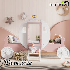 Bellemave® Twin size Wood Platform Car Bed with Stair,Princess Carriage Bed with Crown - Bellemave