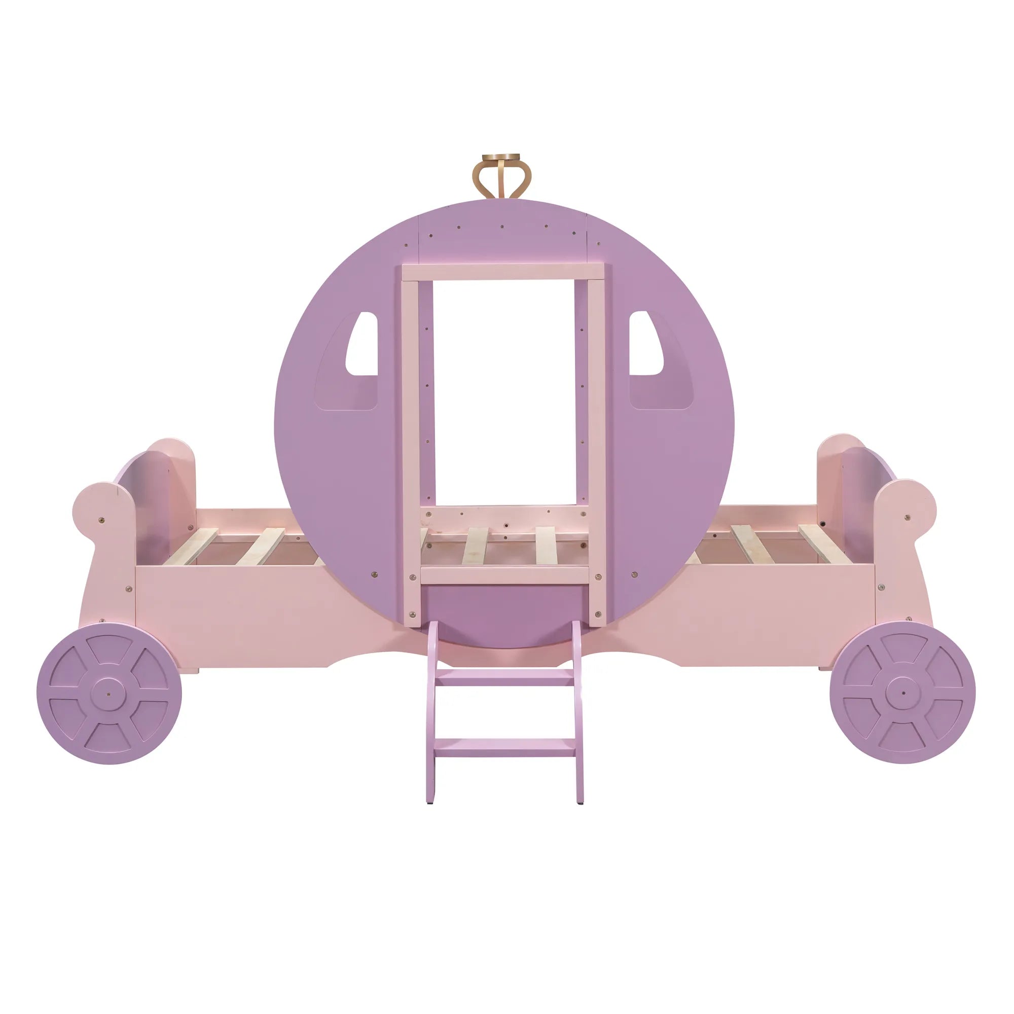 Bellemave® Twin size Wood Platform Car Bed with Stair,Princess Carriage Bed with Crown - Bellemave