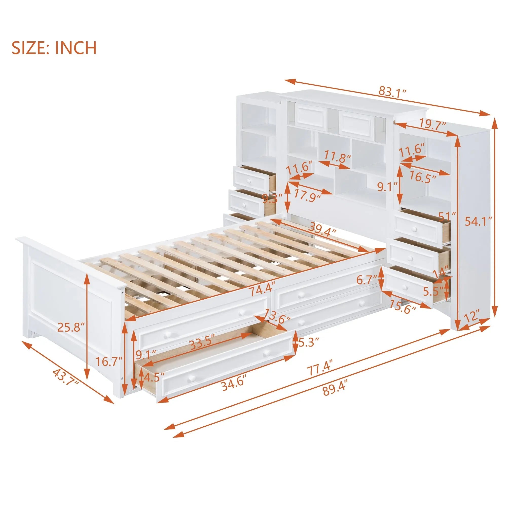 Bellemave® Twin Size Wood Platformbed with Vertical All - in - One Cabinet and 4 Drawers on Each Side - Bellemave
