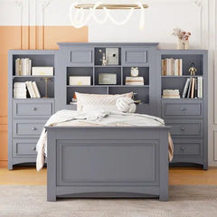 Bellemave® Twin Size Wood Platformbed with Vertical All - in - One Cabinet and 4 Drawers on Each Side - Bellemave