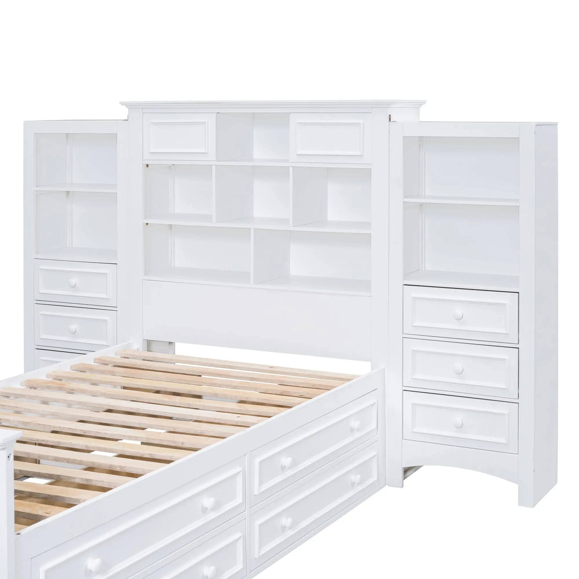 Bellemave® Twin Size Wood Platformbed with Vertical All - in - One Cabinet and 4 Drawers on Each Side - Bellemave