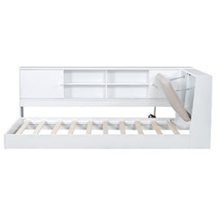 Bellemave® Twin Size Wooden L - Shaped Daybed with Storage Bookcase and Upholstered Headboard and USB Charging Ports - Bellemave