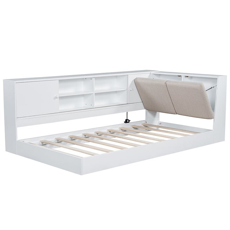 Bellemave® Twin Size Wooden L - Shaped Daybed with Storage Bookcase and Upholstered Headboard and USB Charging Ports - Bellemave