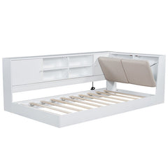Bellemave® Twin Size Wooden L - Shaped Daybed with Storage Bookcase and Upholstered Headboard and USB Charging Ports - Bellemave