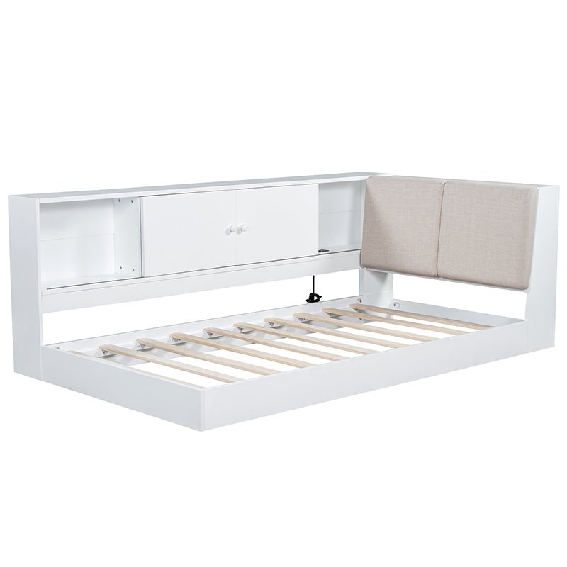 Bellemave® Twin Size Wooden L - Shaped Daybed with Storage Bookcase and Upholstered Headboard and USB Charging Ports - Bellemave