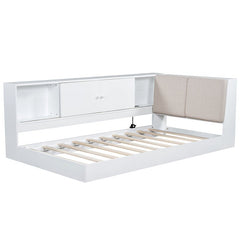 Bellemave® Twin Size Wooden L - Shaped Daybed with Storage Bookcase and Upholstered Headboard and USB Charging Ports - Bellemave