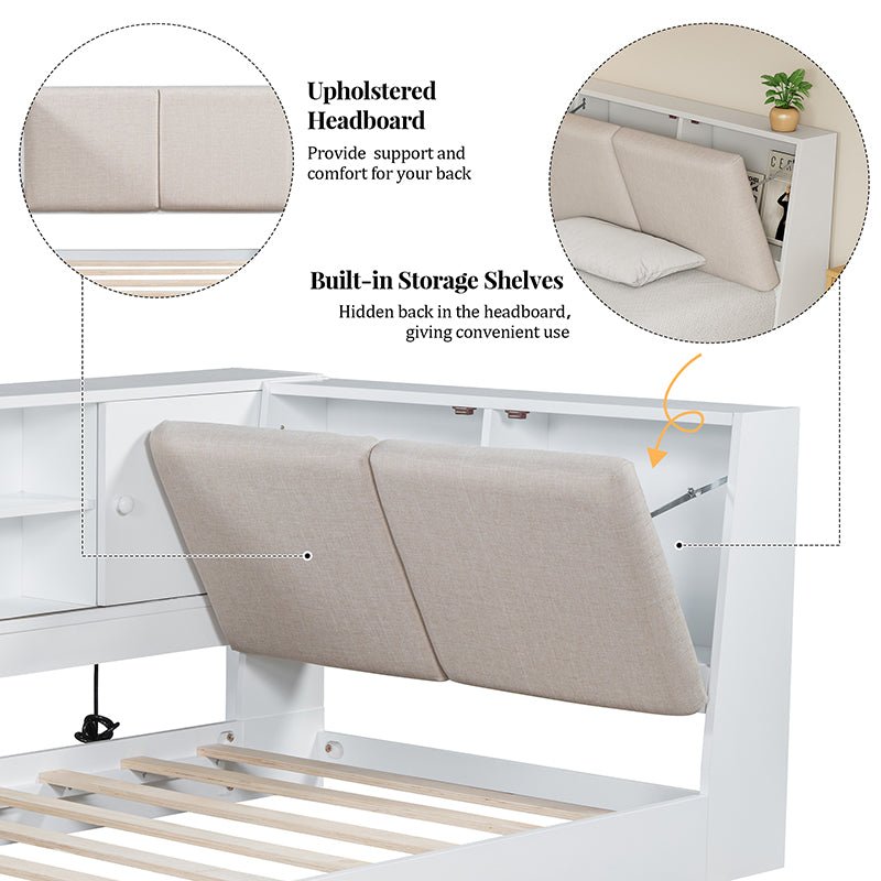Bellemave® Twin Size Wooden L - Shaped Daybed with Storage Bookcase and Upholstered Headboard and USB Charging Ports - Bellemave