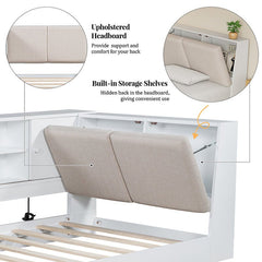 Bellemave® Twin Size Wooden L - Shaped Daybed with Storage Bookcase and Upholstered Headboard and USB Charging Ports - Bellemave