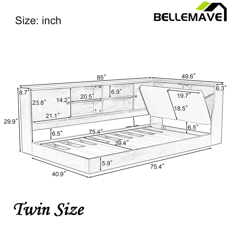 Bellemave® Twin Size Wooden L - Shaped Daybed with Storage Bookcase and Upholstered Headboard and USB Charging Ports - Bellemave
