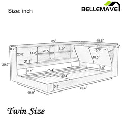 Bellemave® Twin Size Wooden L - Shaped Daybed with Storage Bookcase and Upholstered Headboard and USB Charging Ports - Bellemave