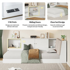 Bellemave® Twin Size Wooden L - Shaped Daybed with Storage Bookcase and Upholstered Headboard and USB Charging Ports - Bellemave