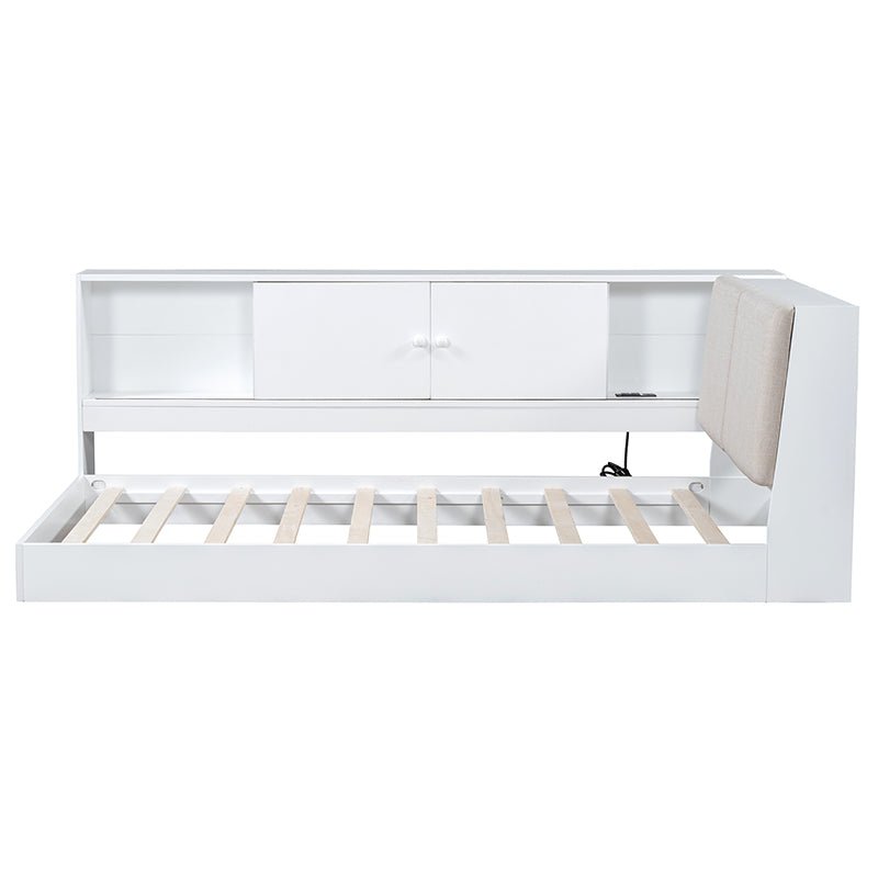 Bellemave® Twin Size Wooden L - Shaped Daybed with Storage Bookcase and Upholstered Headboard and USB Charging Ports - Bellemave