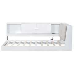 Bellemave® Twin Size Wooden L - Shaped Daybed with Storage Bookcase and Upholstered Headboard and USB Charging Ports - Bellemave