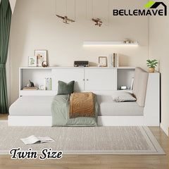 Bellemave® Twin Size Wooden L - Shaped Daybed with Storage Bookcase and Upholstered Headboard and USB Charging Ports - Bellemave