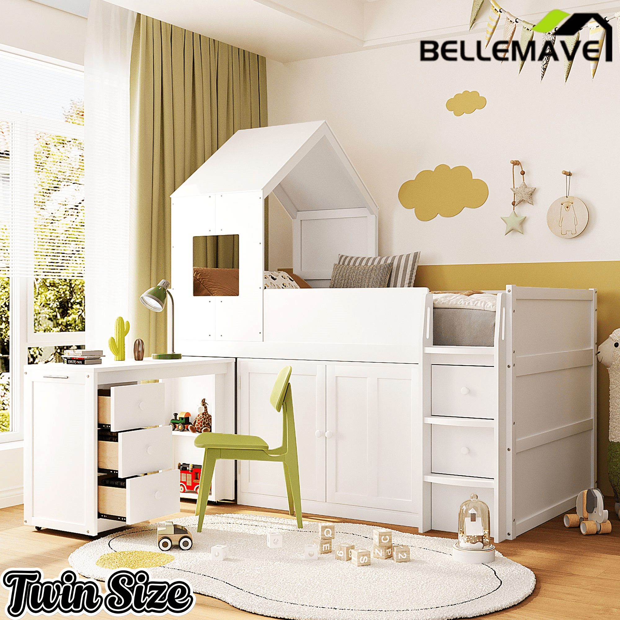 Bellemave® Twin Size Wooden Loft Bed with Desk, Drawers & Cabinets - Bellemave