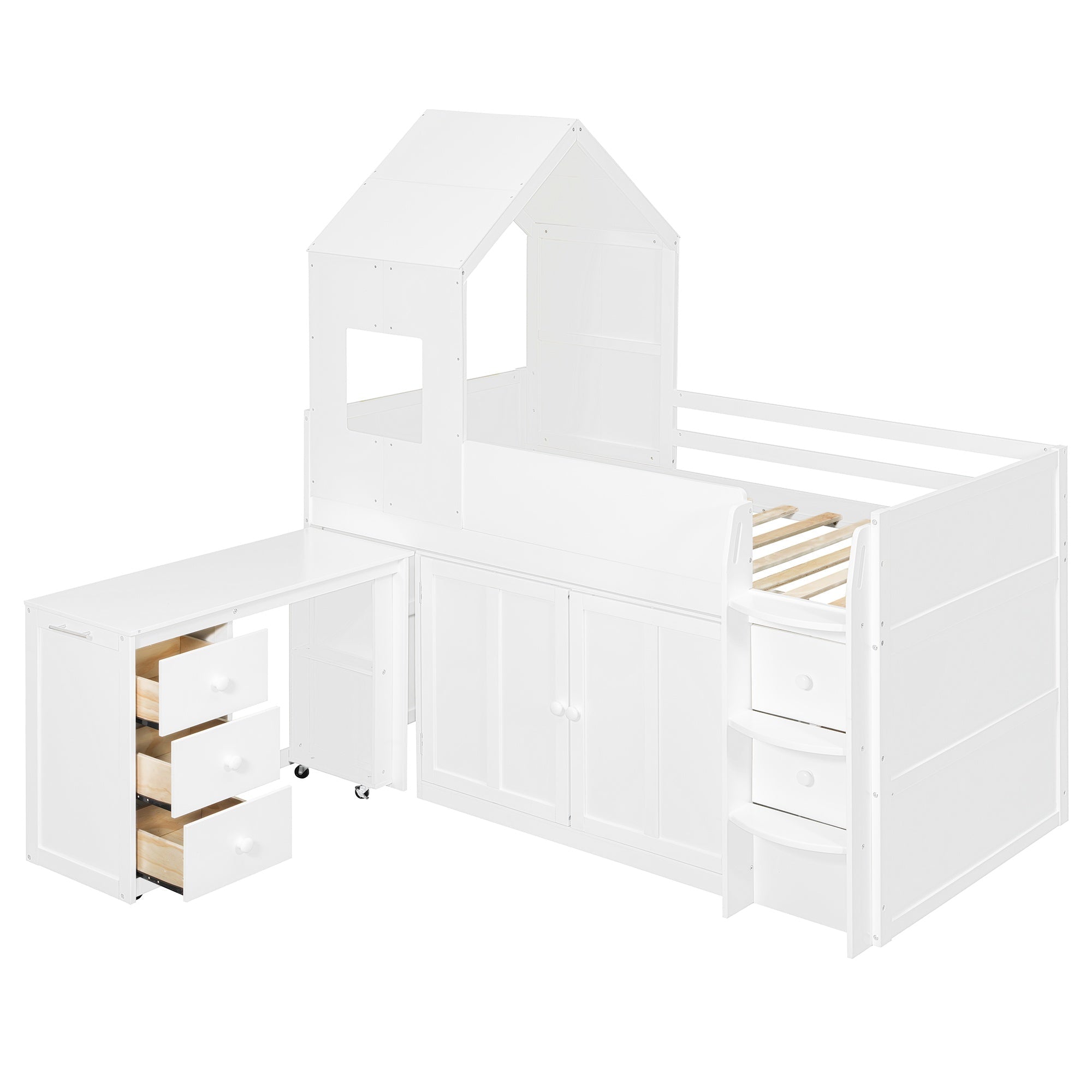Bellemave® Twin Size Wooden Loft Bed with Desk, Drawers & Cabinets - Bellemave