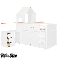 Bellemave® Twin Size Wooden Loft Bed with Desk, Drawers & Cabinets - Bellemave