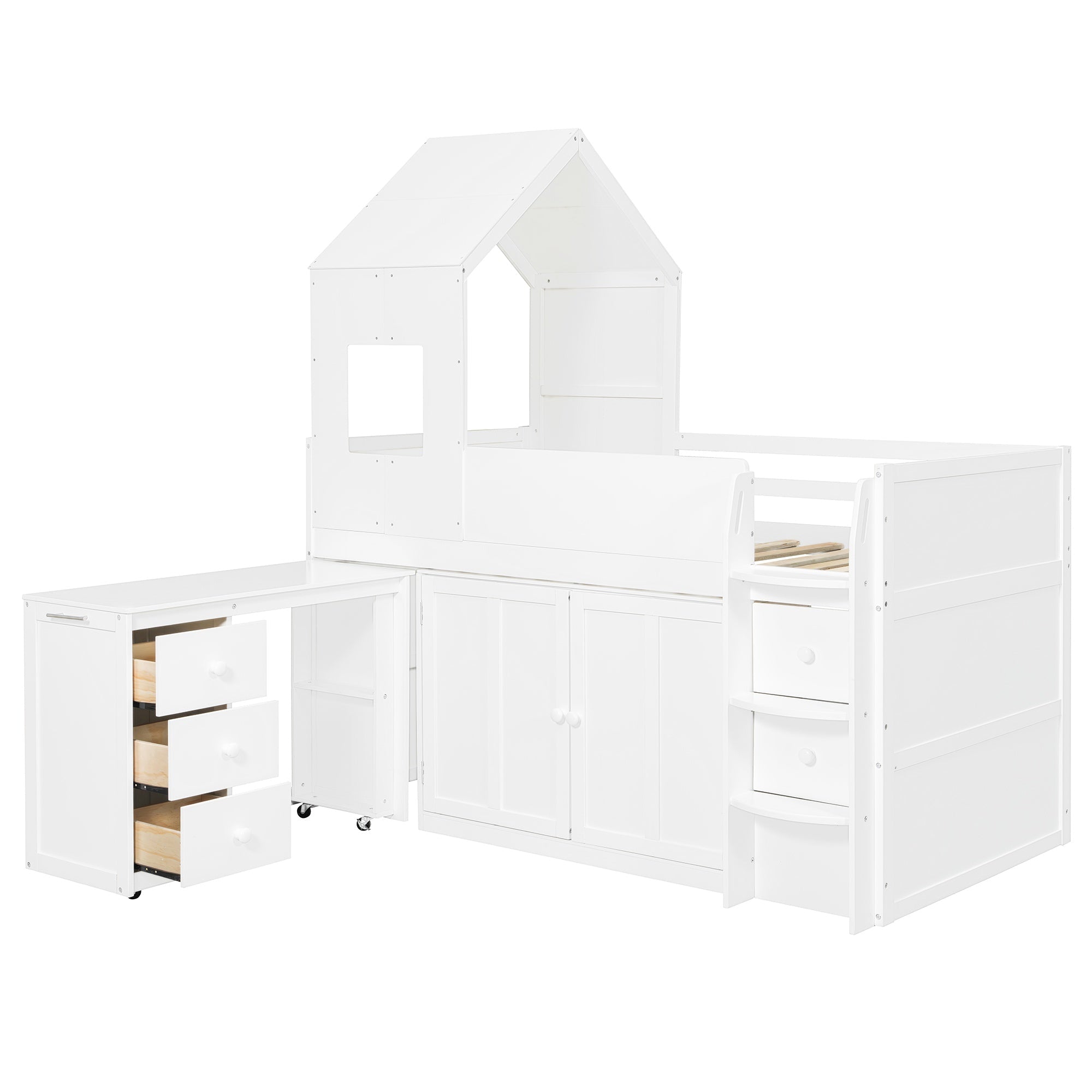 Bellemave® Twin Size Wooden Loft Bed with Desk, Drawers & Cabinets - Bellemave