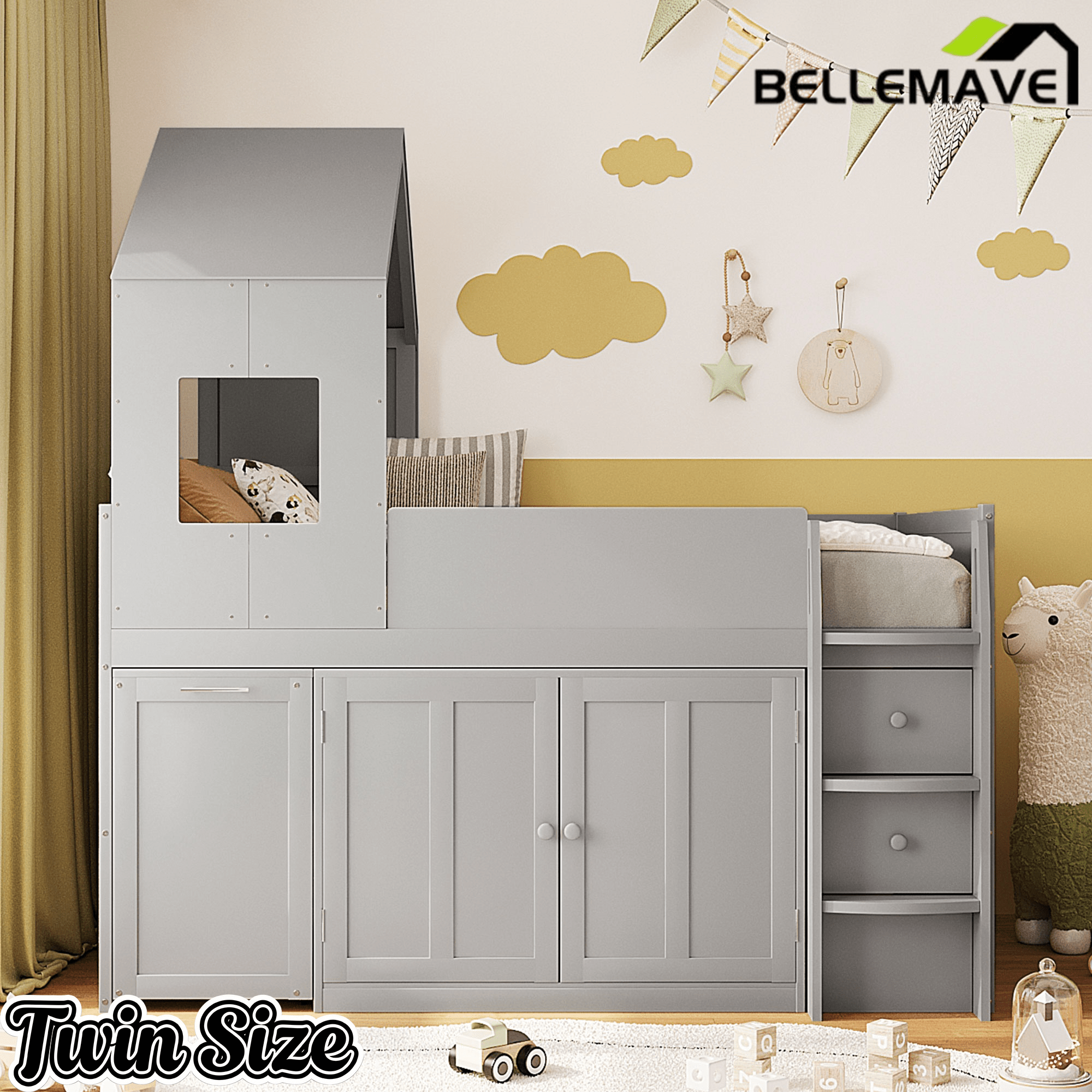 Bellemave® Twin Size Wooden Loft Bed with Desk, Drawers & Cabinets - Bellemave