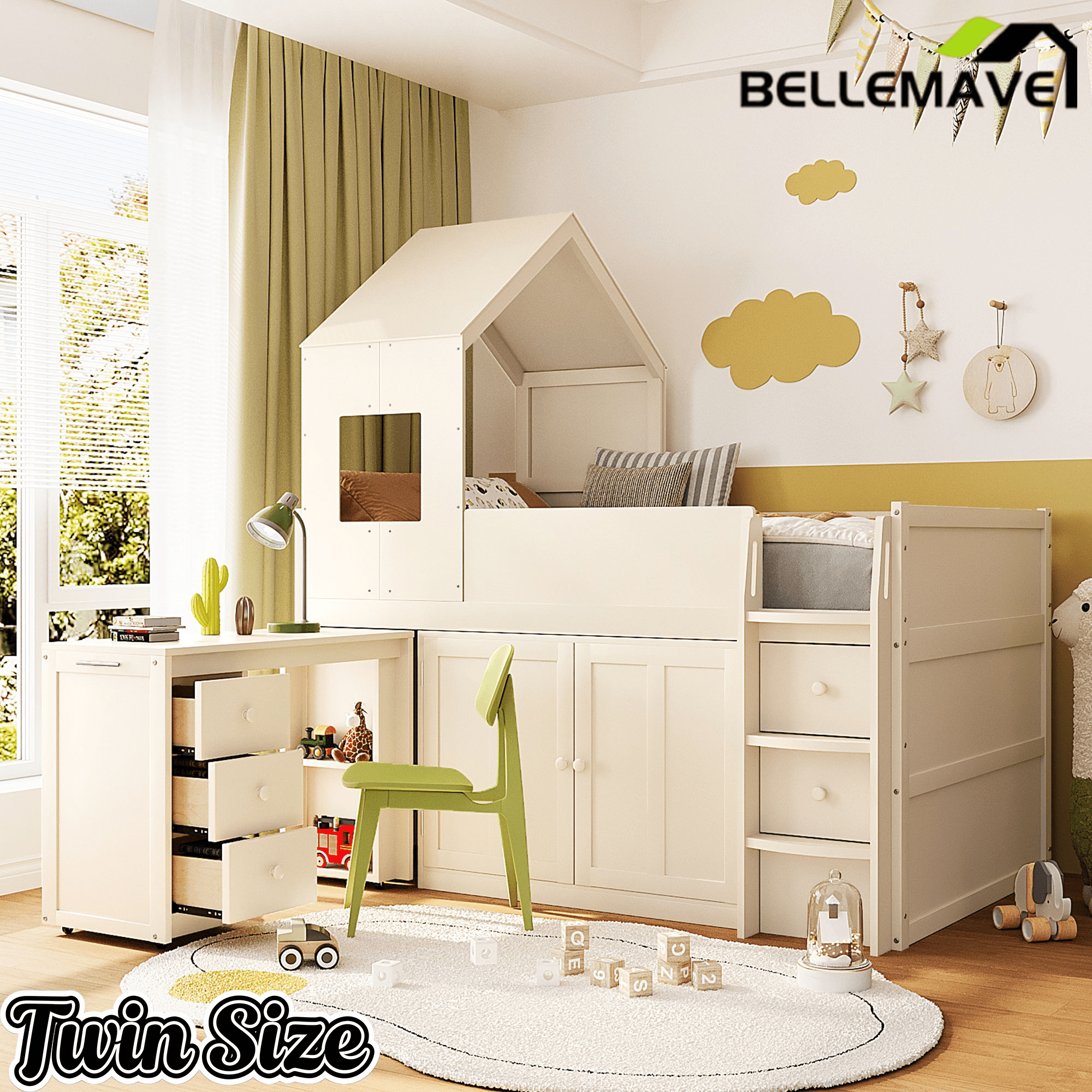Bellemave® Twin Size Wooden Loft Bed with Desk, Drawers & Cabinets - Bellemave