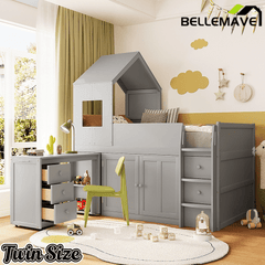 Bellemave® Twin Size Wooden Loft Bed with Desk, Drawers & Cabinets - Bellemave