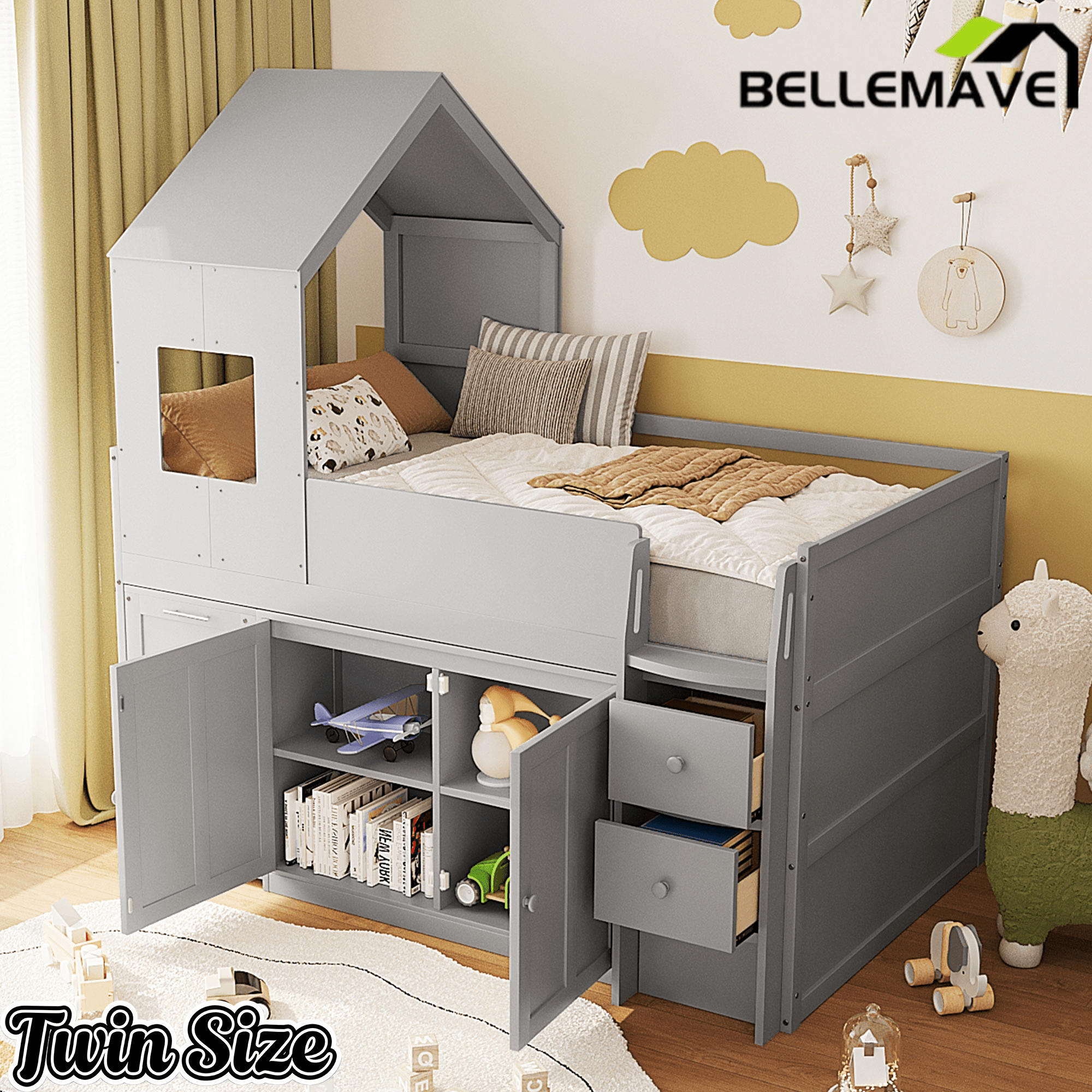 Bellemave® Twin Size Wooden Loft Bed with Desk, Drawers & Cabinets - Bellemave