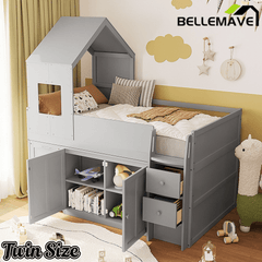Bellemave® Twin Size Wooden Loft Bed with Desk, Drawers & Cabinets - Bellemave