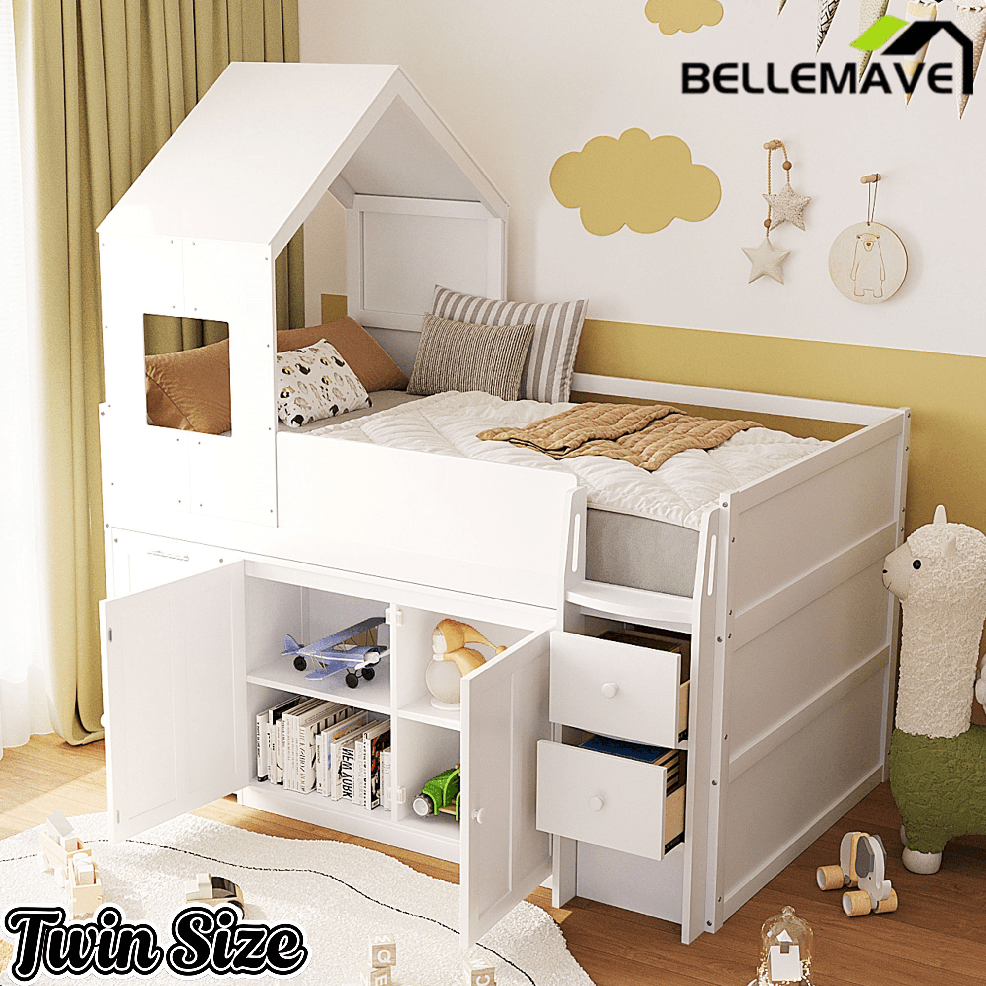Bellemave® Twin Size Wooden Loft Bed with Desk, Drawers & Cabinets - Bellemave