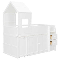 Bellemave® Twin Size Wooden Loft Bed with Desk, Drawers & Cabinets - Bellemave
