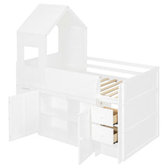 Bellemave® Twin Size Wooden Loft Bed with Desk, Drawers & Cabinets - Bellemave