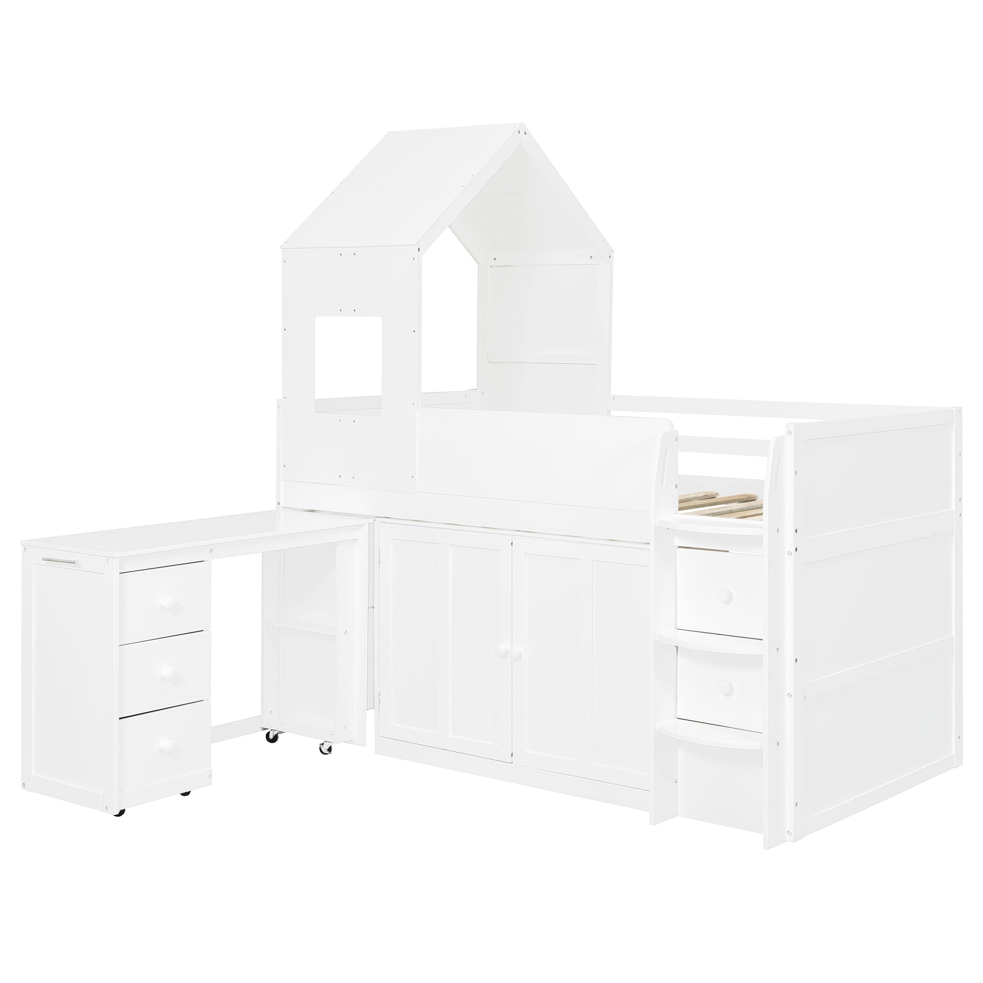 Bellemave® Twin Size Wooden Loft Bed with Desk, Drawers & Cabinets - Bellemave