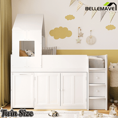 Bellemave® Twin Size Wooden Loft Bed with Desk, Drawers & Cabinets - Bellemave