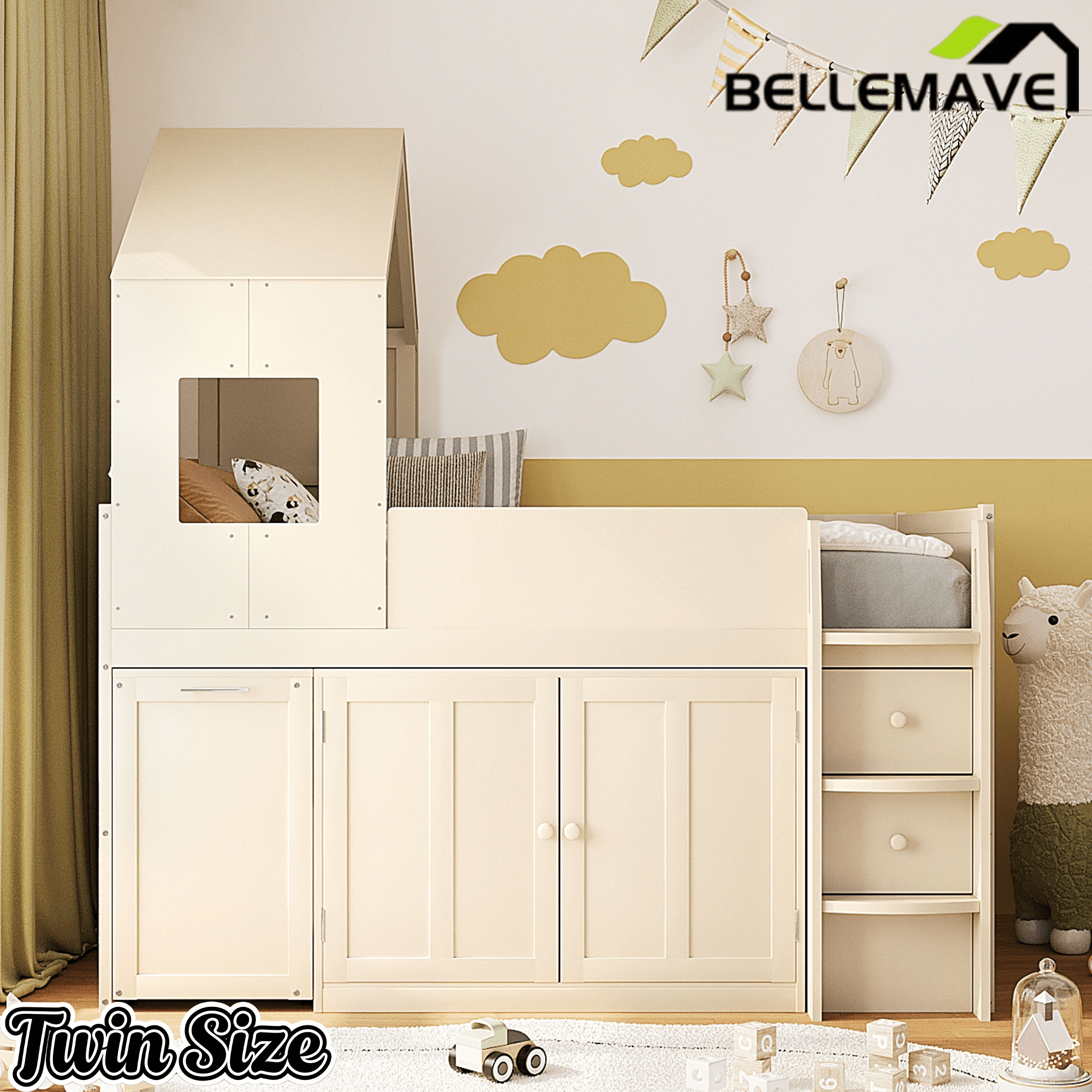 Bellemave® Twin Size Wooden Loft Bed with Desk, Drawers & Cabinets - Bellemave