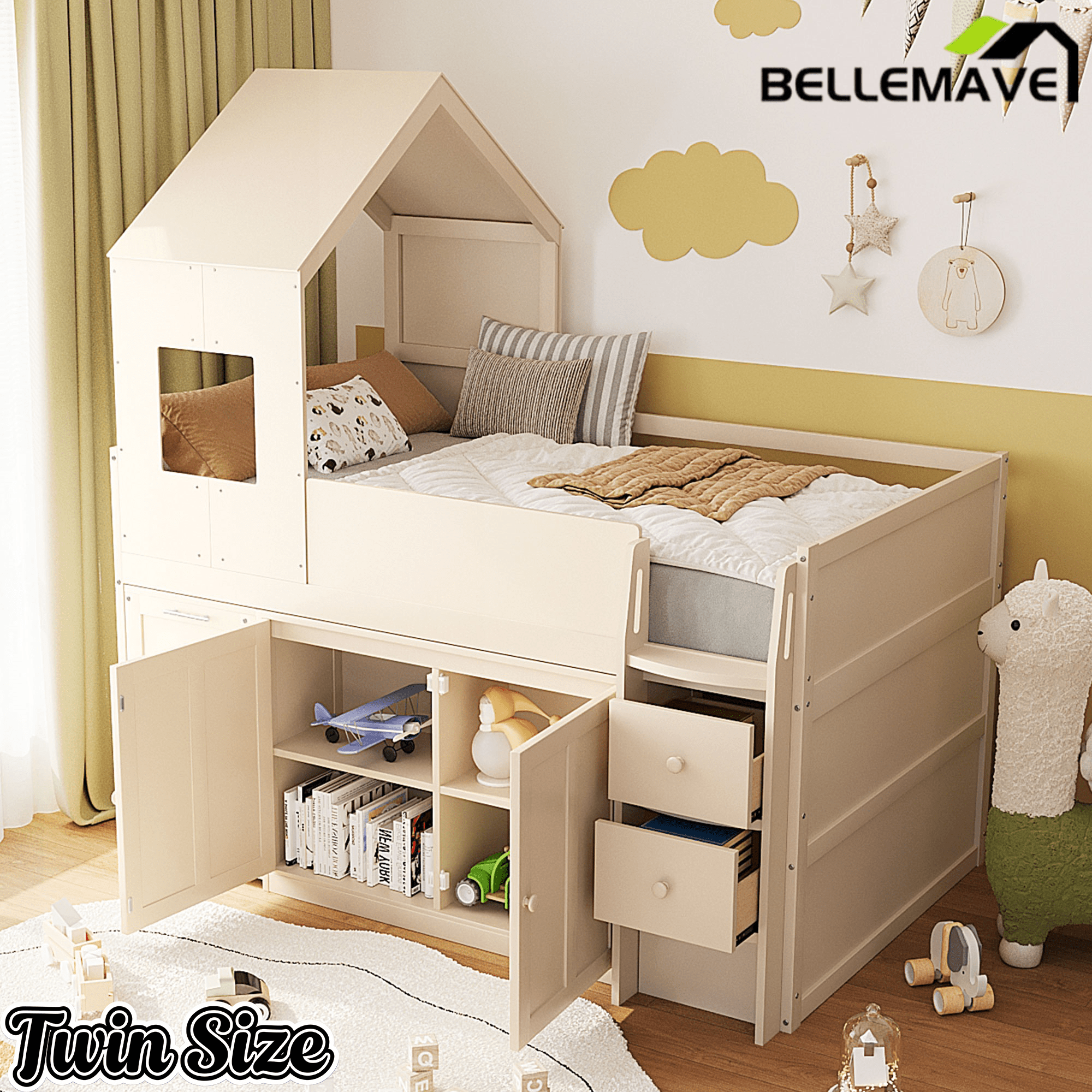 Bellemave® Twin Size Wooden Loft Bed with Desk, Drawers & Cabinets - Bellemave