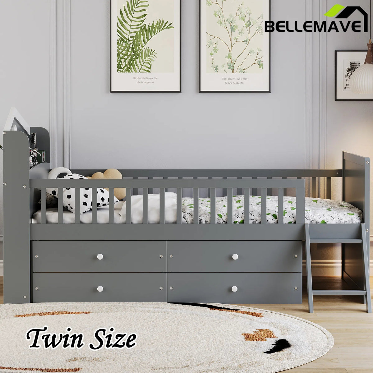 Bellemave® Twin Size Wooden Platform Bed with Storage 4 Drawers,Guardrail Headboard and Ladder - Bellemave