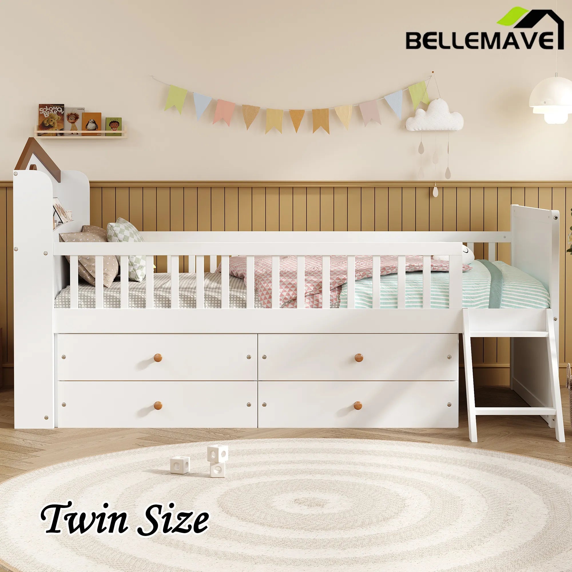 Bellemave® Twin Size Wooden Platform Bed with Storage 4 Drawers,Guardrail Headboard and Ladder - Bellemave