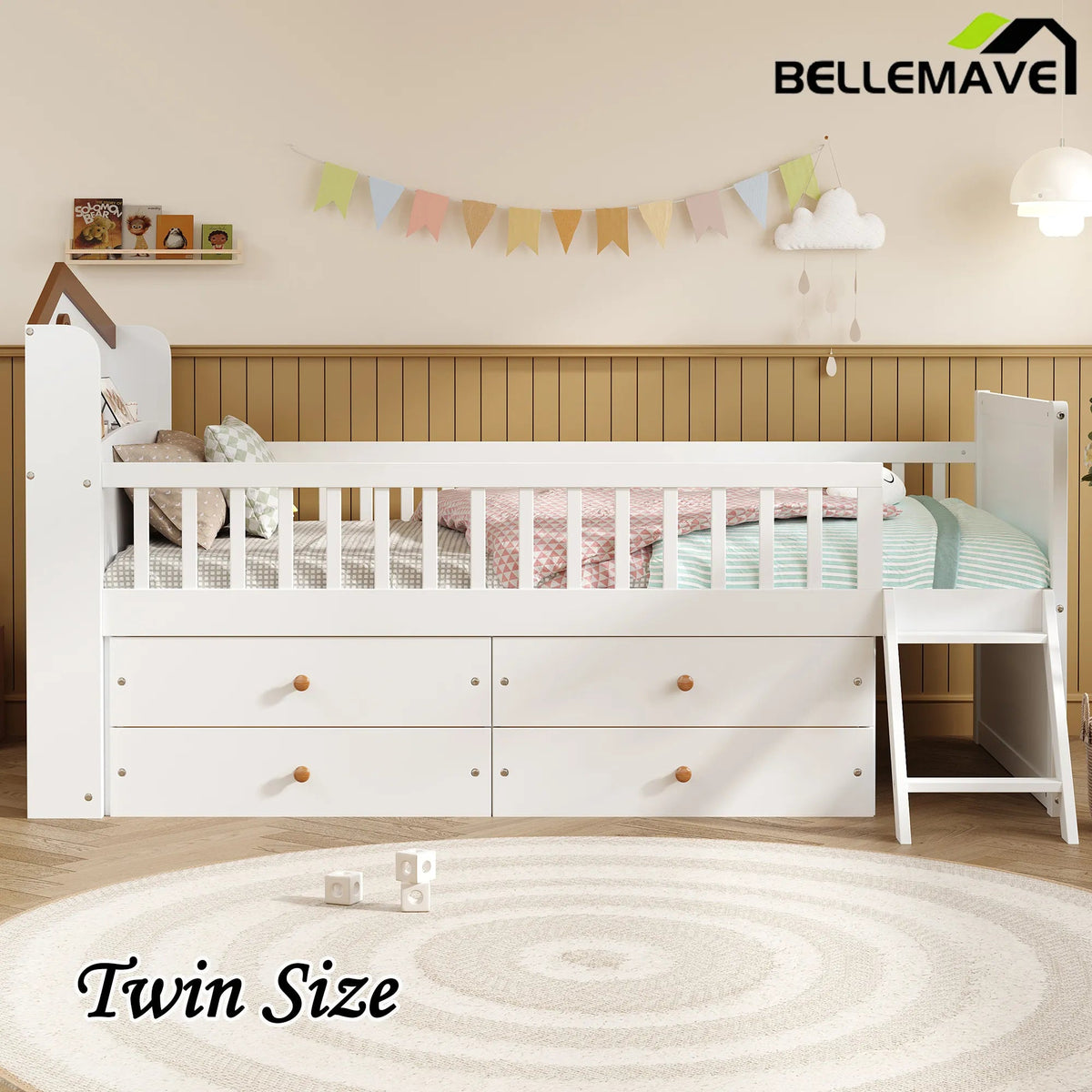 Bellemave® Twin Size Wooden Platform Bed with Storage 4 Drawers,Guardrail Headboard and Ladder - Bellemave