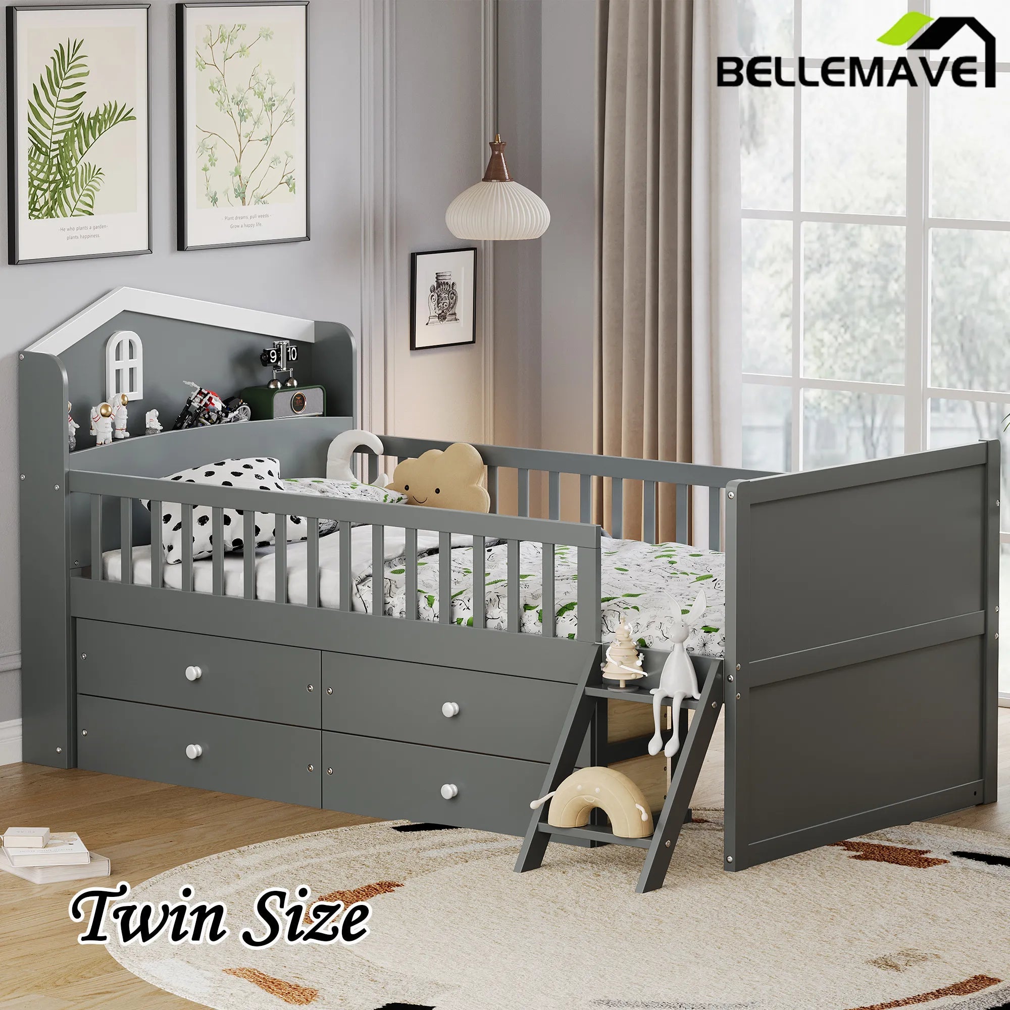 Bellemave® Twin Size Wooden Platform Bed with Storage 4 Drawers,Guardrail Headboard and Ladder - Bellemave