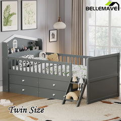 Bellemave® Twin Size Wooden Platform Bed with Storage 4 Drawers,Guardrail Headboard and Ladder - Bellemave