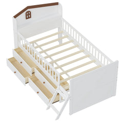 Bellemave® Twin Size Wooden Platform Bed with Storage 4 Drawers,Guardrail Headboard and Ladder - Bellemave