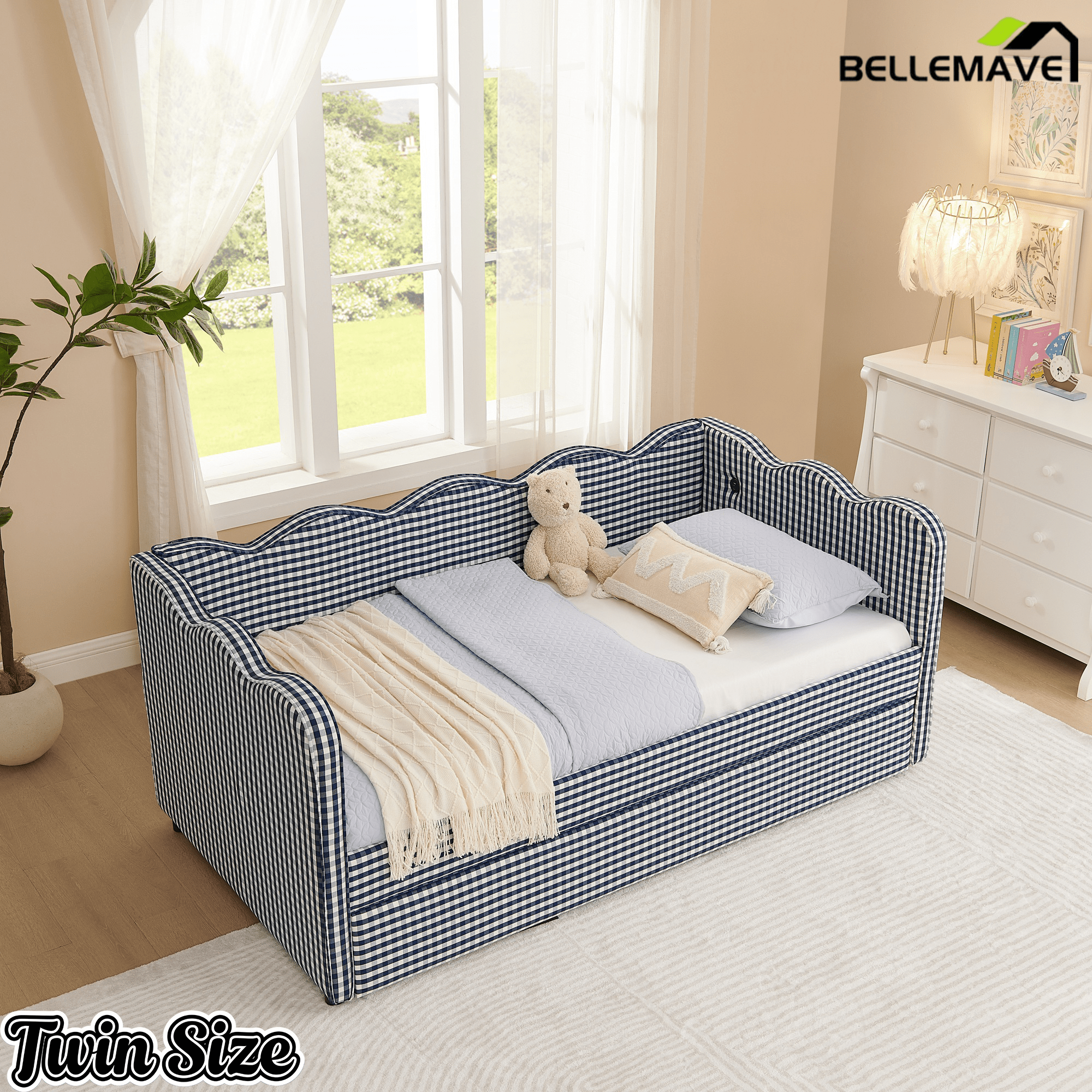 Bellemave® Twin to King Daybed with Trundle & USB Charging, Wave Upholstered Sofa Bed - Bellemave
