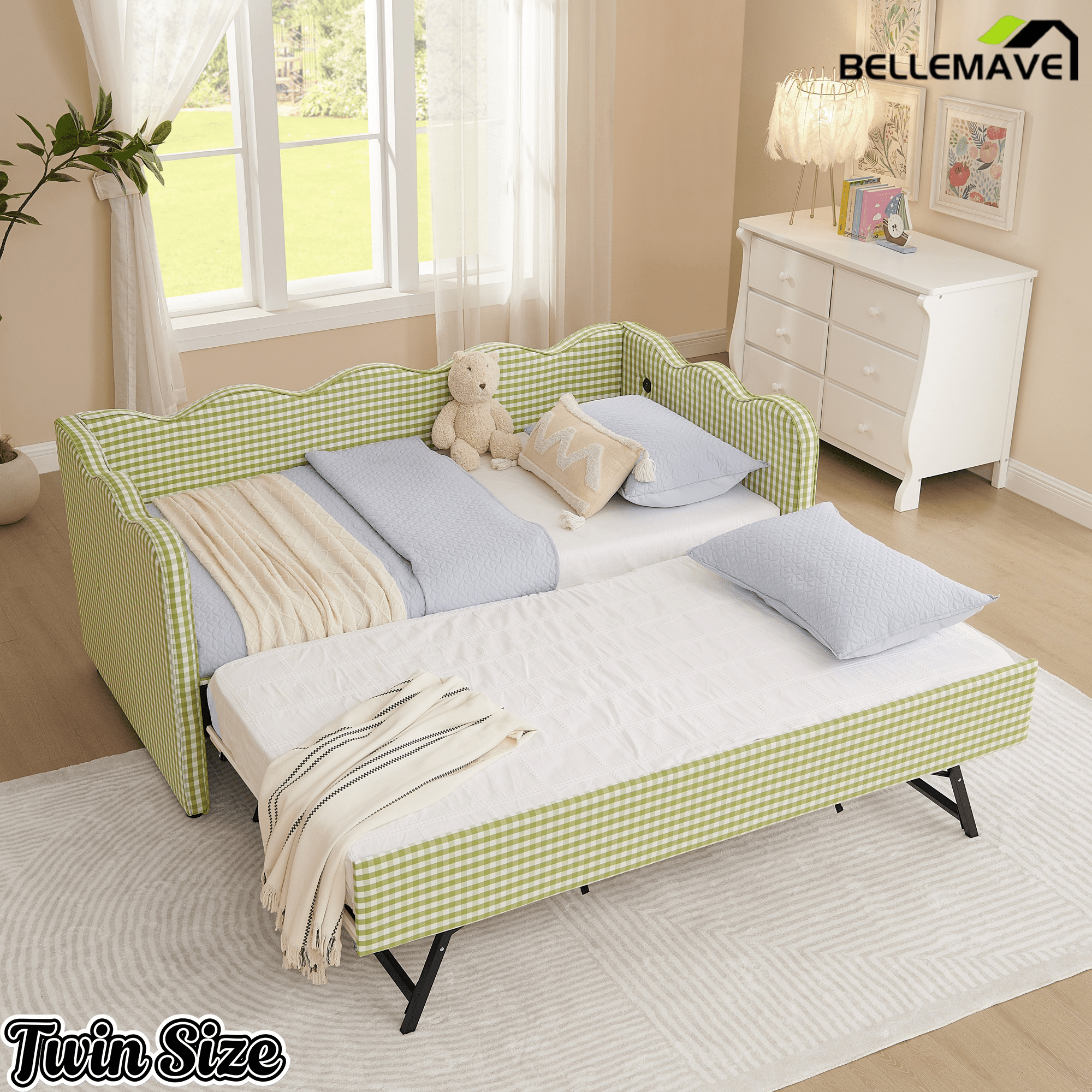 Bellemave® Twin to King Daybed with Trundle & USB Charging, Wave Upholstered Sofa Bed - Bellemave