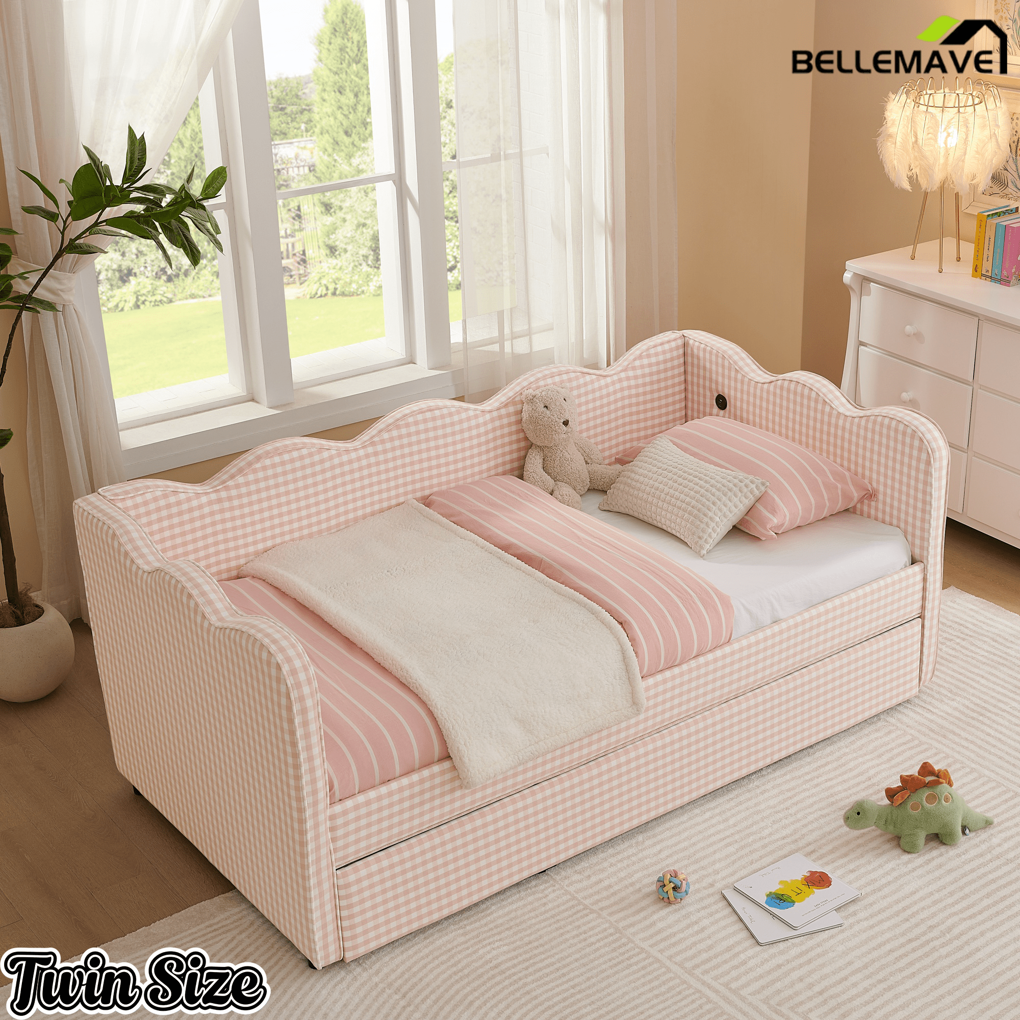 Bellemave® Twin to King Daybed with Trundle & USB Charging, Wave Upholstered Sofa Bed - Bellemave